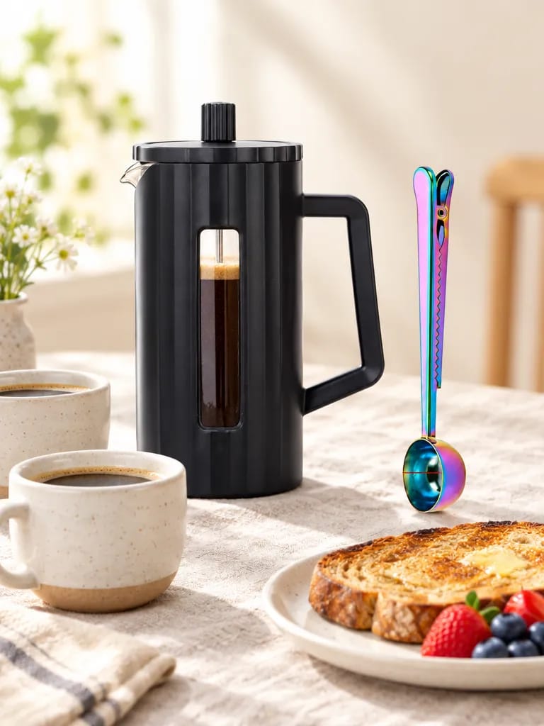 Glass French press and manual grinder on a breakfast table